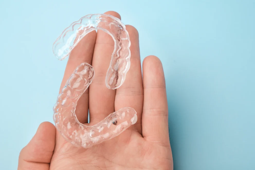 hand holding a pair of invisalign with a light blue background in the back